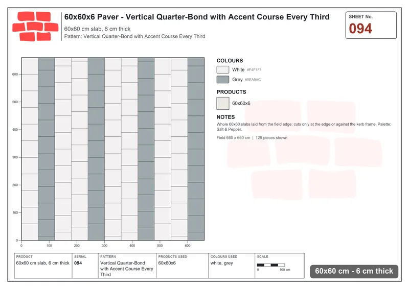 Interlock (Pasco) 60x60 cm · SQ66-94 · Vertical Quarter-Bond with Accent Course Every Third · Laying plan Interlock (Pasco) 60x60 cm · SQ66-94 · Vertical Quarter-Bond with Accent Course Every Third · Laying plan