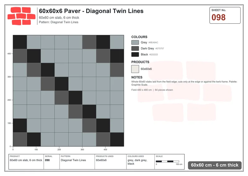 Interlock (Pasco) 60x60 cm · SQ66-98 · Quarter-Bond Plaza · Laying plan Interlock (Pasco) 60x60 cm · SQ66-98 · Quarter-Bond Plaza · Laying plan