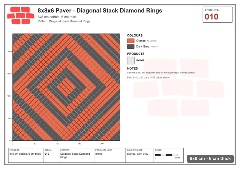 Interlock (Pasco) 8x8 cm · SQ88-10 · Diagonal Stack Diamond Rings · Laying plan Interlock (Pasco) 8x8 cm · SQ88-10 · Diagonal Stack Diamond Rings · Laying plan