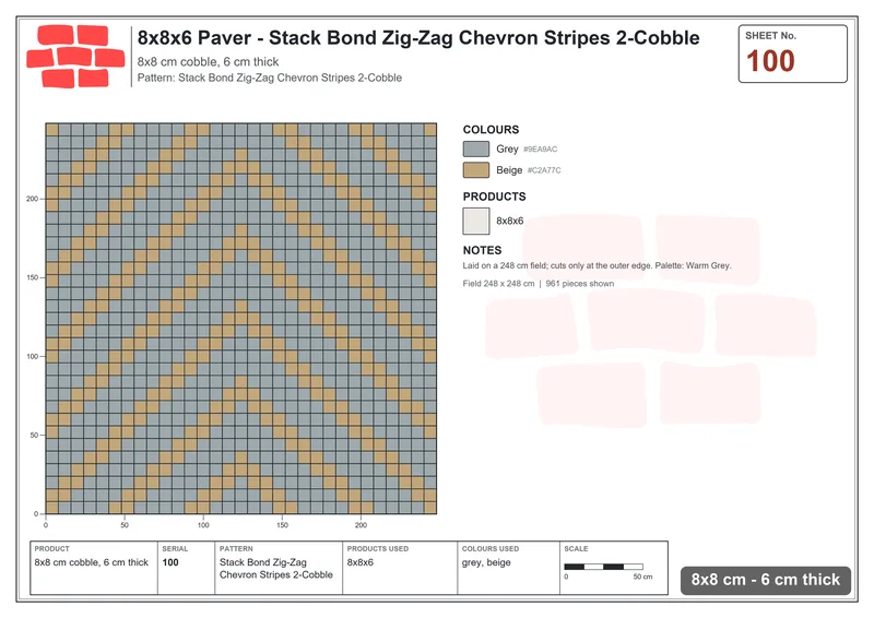 Interlock (Pasco) 8x8 cm · SQ88-100 · Stack Bond Zig-Zag Chevron Stripes 2-Cobble · Laying plan Interlock (Pasco) 8x8 cm · SQ88-100 · Stack Bond Zig-Zag Chevron Stripes 2-Cobble · Laying plan