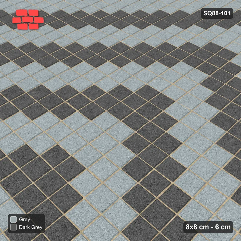 Interlock (Pasco) 8x8 cm · SQ88-101 · Stack Bond Zig-Zag Chevron Stripes 3-Cobble · Side view Interlock (Pasco) 8x8 cm · SQ88-101 · Stack Bond Zig-Zag Chevron Stripes 3-Cobble · Side view