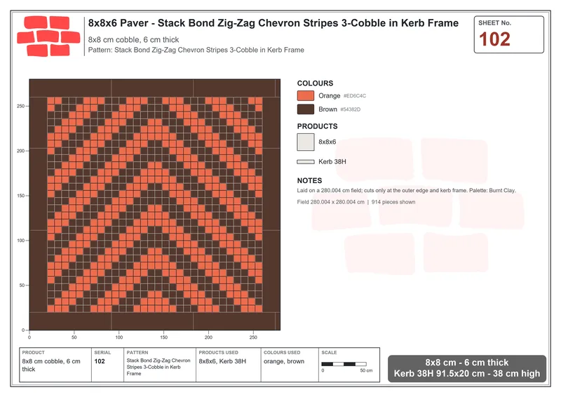 Interlock (Pasco) 8x8 cm · SQ88-102 · Stack Bond Zig-Zag Chevron Stripes 3-Cobble in Kerb Frame · Laying plan Interlock (Pasco) 8x8 cm · SQ88-102 · Stack Bond Zig-Zag Chevron Stripes 3-Cobble in Kerb Frame · Laying plan