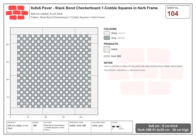 Interlock (Pasco) 8x8 cm · SQ88-104 · Stack Bond Checkerboard 1-Cobble Squares in Kerb Frame · Laying plan Interlock (Pasco) 8x8 cm · SQ88-104 · Stack Bond Checkerboard 1-Cobble Squares in Kerb Frame · Laying plan