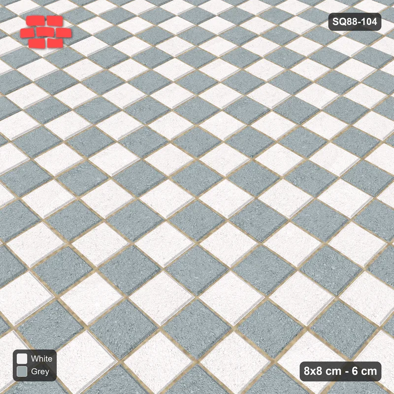 Interlock (Pasco) 8x8 cm · SQ88-104 · Stack Bond Checkerboard 1-Cobble Squares in Kerb Frame · Side view Interlock (Pasco) 8x8 cm · SQ88-104 · Stack Bond Checkerboard 1-Cobble Squares in Kerb Frame · Side view