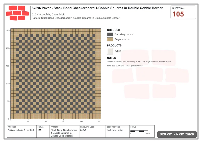 Interlock (Pasco) 8x8 cm · SQ88-105 · Stack Bond Checkerboard 1-Cobble Squares in Double Cobble Border · Laying plan Interlock (Pasco) 8x8 cm · SQ88-105 · Stack Bond Checkerboard 1-Cobble Squares in Double Cobble Border · Laying plan