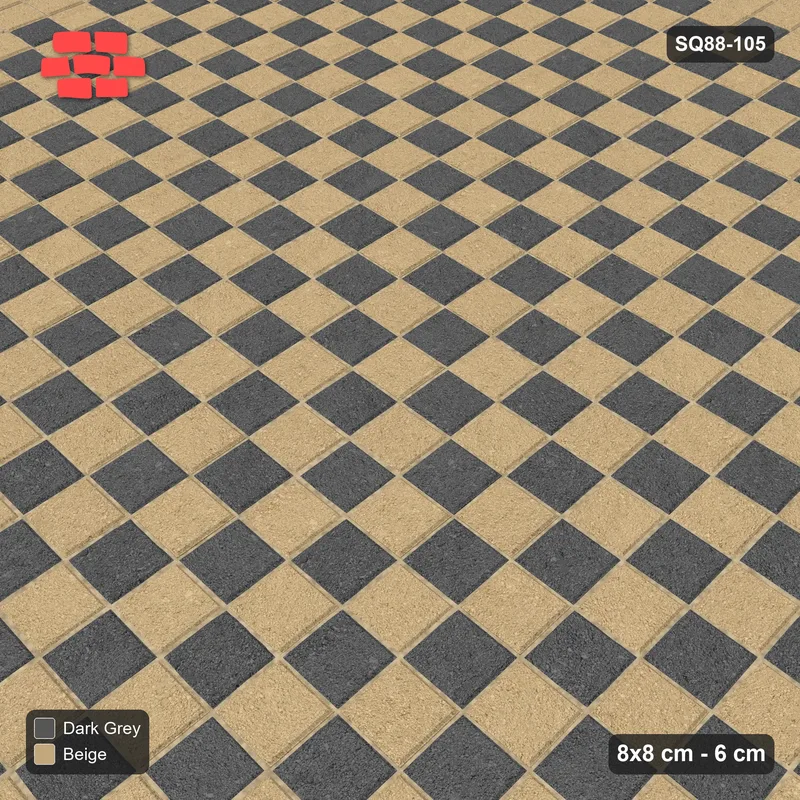 Interlock (Pasco) 8x8 cm · SQ88-105 · Stack Bond Checkerboard 1-Cobble Squares in Double Cobble Border · Side view Interlock (Pasco) 8x8 cm · SQ88-105 · Stack Bond Checkerboard 1-Cobble Squares in Double Cobble Border · Side view