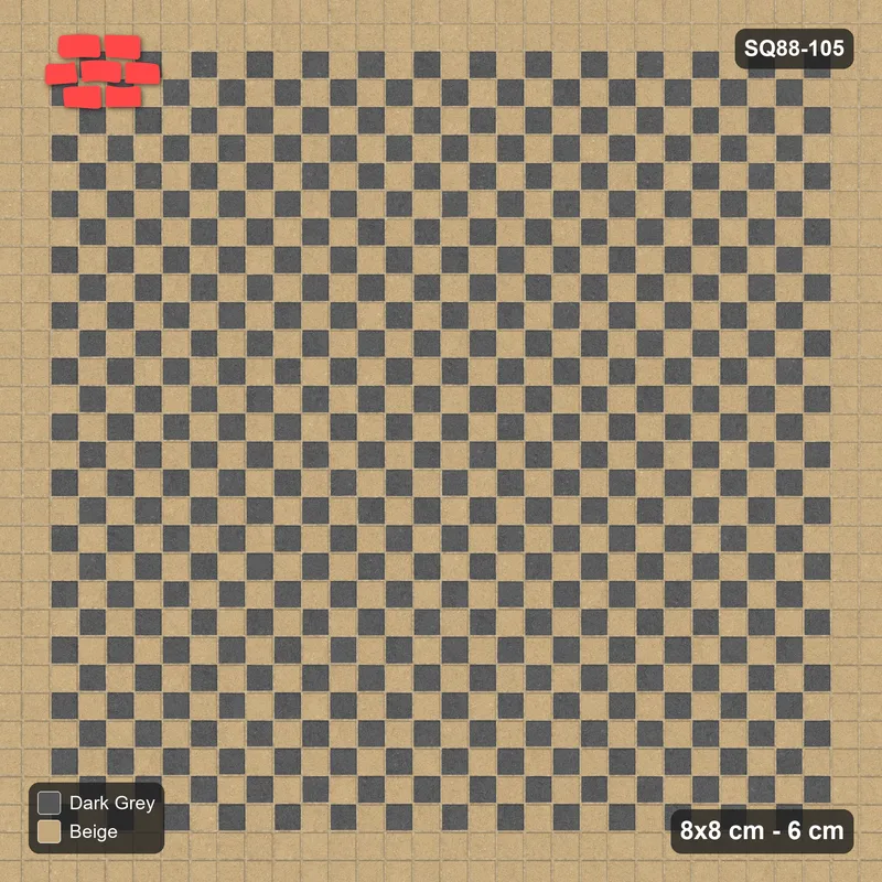 Interlock (Pasco) 8x8 cm · SQ88-105 · Stack Bond Checkerboard 1-Cobble Squares in Double Cobble Border · Top view Interlock (Pasco) 8x8 cm · SQ88-105 · Stack Bond Checkerboard 1-Cobble Squares in Double Cobble Border · Top view