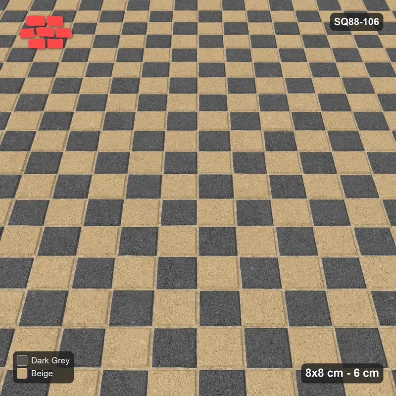 Interlock (Pasco) 8x8 cm · SQ88-106 · Diagonal Stack Bond Checkerboard 1-Cobble Squares · Side view Interlock (Pasco) 8x8 cm · SQ88-106 · Diagonal Stack Bond Checkerboard 1-Cobble Squares · Side view