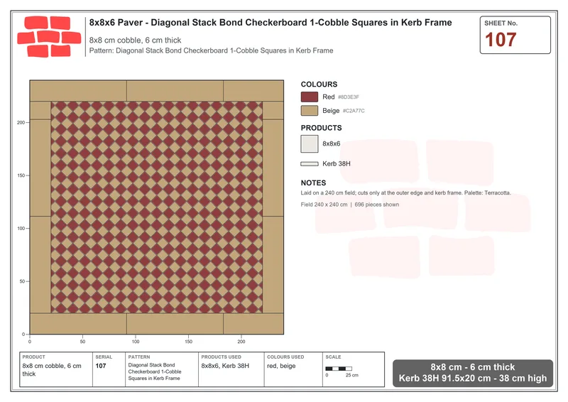 Interlock (Pasco) 8x8 cm · SQ88-107 · Diagonal Stack Bond Checkerboard 1-Cobble Squares in Kerb Frame · Laying plan Interlock (Pasco) 8x8 cm · SQ88-107 · Diagonal Stack Bond Checkerboard 1-Cobble Squares in Kerb Frame · Laying plan
