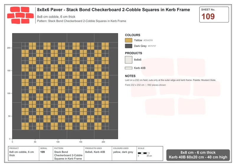 Interlock (Pasco) 8x8 cm · SQ88-109 · Stack Bond Checkerboard 2-Cobble Squares in Kerb Frame · Laying plan Interlock (Pasco) 8x8 cm · SQ88-109 · Stack Bond Checkerboard 2-Cobble Squares in Kerb Frame · Laying plan