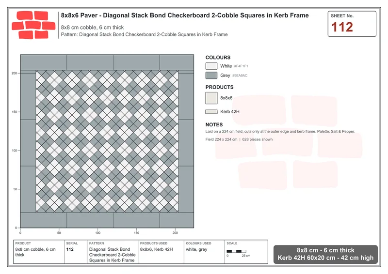 Interlock (Pasco) 8x8 cm · SQ88-112 · Diagonal Stack Bond Checkerboard 2-Cobble Squares in Kerb Frame · Laying plan Interlock (Pasco) 8x8 cm · SQ88-112 · Diagonal Stack Bond Checkerboard 2-Cobble Squares in Kerb Frame · Laying plan