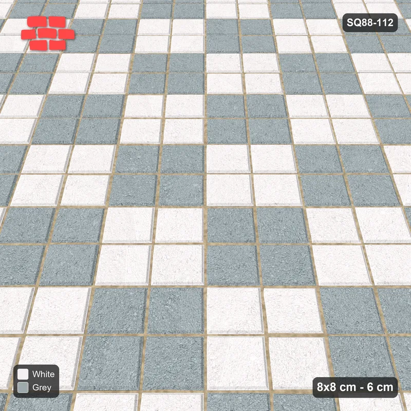 Interlock (Pasco) 8x8 cm · SQ88-112 · Diagonal Stack Bond Checkerboard 2-Cobble Squares in Kerb Frame · Side view Interlock (Pasco) 8x8 cm · SQ88-112 · Diagonal Stack Bond Checkerboard 2-Cobble Squares in Kerb Frame · Side view