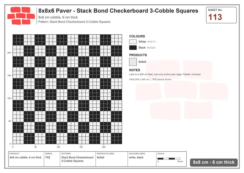Interlock (Pasco) 8x8 cm · SQ88-113 · Stack Bond Checkerboard 3-Cobble Squares · Laying plan Interlock (Pasco) 8x8 cm · SQ88-113 · Stack Bond Checkerboard 3-Cobble Squares · Laying plan