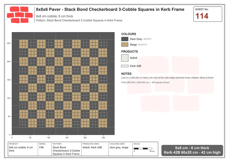 Interlock (Pasco) 8x8 cm · SQ88-114 · Stack Bond Checkerboard 3-Cobble Squares in Kerb Frame · Laying plan Interlock (Pasco) 8x8 cm · SQ88-114 · Stack Bond Checkerboard 3-Cobble Squares in Kerb Frame · Laying plan