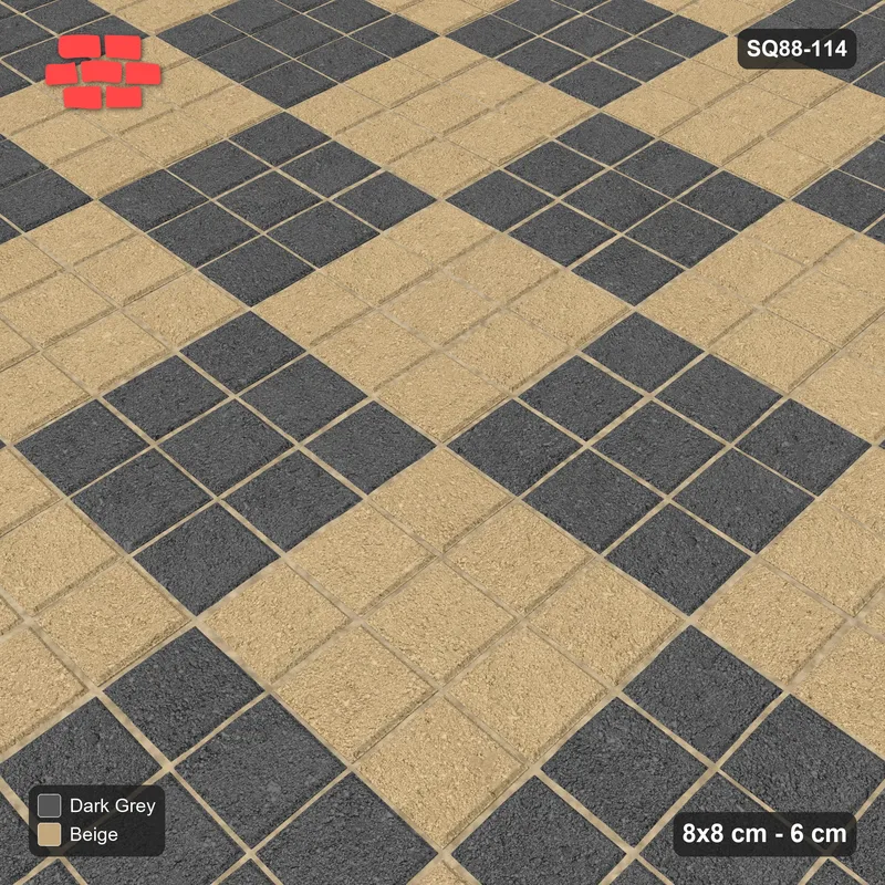 Interlock (Pasco) 8x8 cm · SQ88-114 · Stack Bond Checkerboard 3-Cobble Squares in Kerb Frame · Side view Interlock (Pasco) 8x8 cm · SQ88-114 · Stack Bond Checkerboard 3-Cobble Squares in Kerb Frame · Side view
