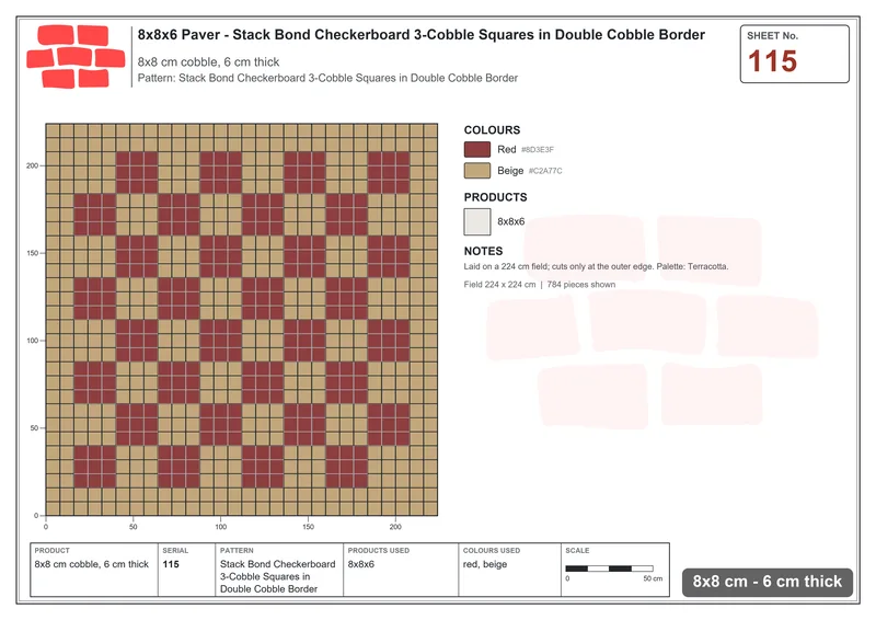 Interlock (Pasco) 8x8 cm · SQ88-115 · Stack Bond Checkerboard 3-Cobble Squares in Double Cobble Border · Laying plan Interlock (Pasco) 8x8 cm · SQ88-115 · Stack Bond Checkerboard 3-Cobble Squares in Double Cobble Border · Laying plan
