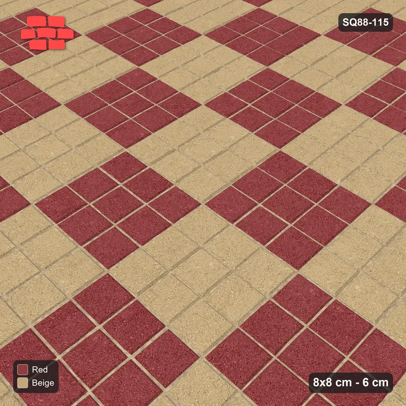 Interlock (Pasco) 8x8 cm · SQ88-115 · Stack Bond Checkerboard 3-Cobble Squares in Double Cobble Border · Side view Interlock (Pasco) 8x8 cm · SQ88-115 · Stack Bond Checkerboard 3-Cobble Squares in Double Cobble Border · Side view