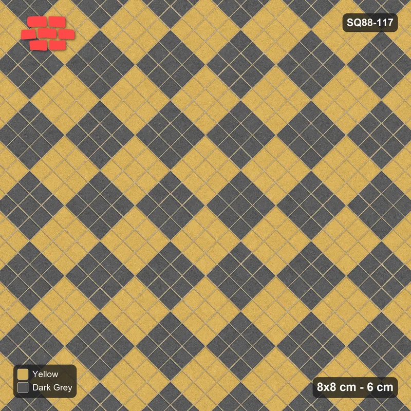 Interlock (Pasco) 8x8 cm · SQ88-117 · Diagonal Stack Bond Checkerboard 3-Cobble Squares in Kerb Frame · Top view Interlock (Pasco) 8x8 cm · SQ88-117 · Diagonal Stack Bond Checkerboard 3-Cobble Squares in Kerb Frame · Top view