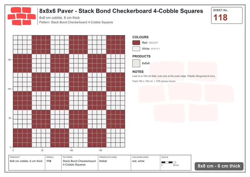 Interlock (Pasco) 8x8 cm · SQ88-118 · Stack Bond Checkerboard 4-Cobble Squares · Laying plan Interlock (Pasco) 8x8 cm · SQ88-118 · Stack Bond Checkerboard 4-Cobble Squares · Laying plan