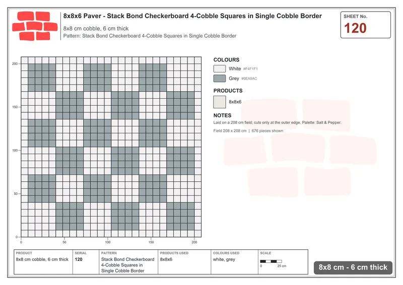 Interlock (Pasco) 8x8 cm · SQ88-120 · Stack Bond Checkerboard 4-Cobble Squares in Single Cobble Border · Laying plan Interlock (Pasco) 8x8 cm · SQ88-120 · Stack Bond Checkerboard 4-Cobble Squares in Single Cobble Border · Laying plan
