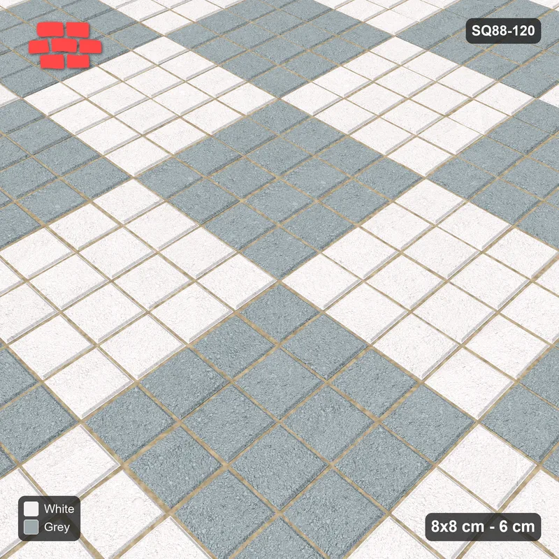Interlock (Pasco) 8x8 cm · SQ88-120 · Stack Bond Checkerboard 4-Cobble Squares in Single Cobble Border · Side view Interlock (Pasco) 8x8 cm · SQ88-120 · Stack Bond Checkerboard 4-Cobble Squares in Single Cobble Border · Side view
