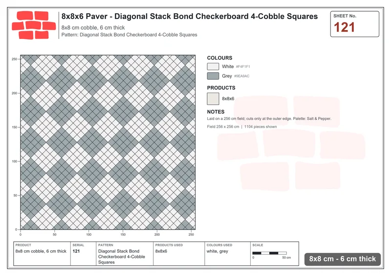 Interlock (Pasco) 8x8 cm · SQ88-121 · Diagonal Stack Bond Checkerboard 4-Cobble Squares · Laying plan Interlock (Pasco) 8x8 cm · SQ88-121 · Diagonal Stack Bond Checkerboard 4-Cobble Squares · Laying plan