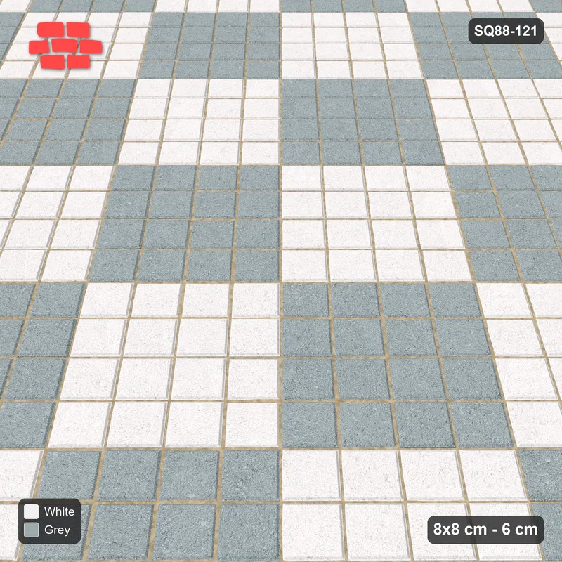 Interlock (Pasco) 8x8 cm · SQ88-121 · Diagonal Stack Bond Checkerboard 4-Cobble Squares · Side view Interlock (Pasco) 8x8 cm · SQ88-121 · Diagonal Stack Bond Checkerboard 4-Cobble Squares · Side view