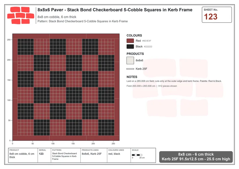 Interlock (Pasco) 8x8 cm · SQ88-123 · Stack Bond Checkerboard 5-Cobble Squares in Kerb Frame · Laying plan Interlock (Pasco) 8x8 cm · SQ88-123 · Stack Bond Checkerboard 5-Cobble Squares in Kerb Frame · Laying plan