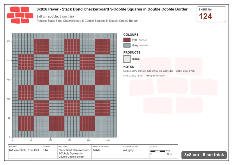 Interlock (Pasco) 8x8 cm · SQ88-124 · Stack Bond Checkerboard 5-Cobble Squares in Double Cobble Border · Laying plan Interlock (Pasco) 8x8 cm · SQ88-124 · Stack Bond Checkerboard 5-Cobble Squares in Double Cobble Border · Laying plan