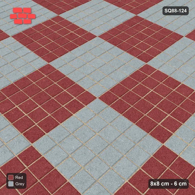 Interlock (Pasco) 8x8 cm · SQ88-124 · Stack Bond Checkerboard 5-Cobble Squares in Double Cobble Border · Side view Interlock (Pasco) 8x8 cm · SQ88-124 · Stack Bond Checkerboard 5-Cobble Squares in Double Cobble Border · Side view