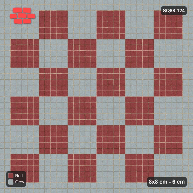 Interlock (Pasco) 8x8 cm · SQ88-124 · Stack Bond Checkerboard 5-Cobble Squares in Double Cobble Border · Top view Interlock (Pasco) 8x8 cm · SQ88-124 · Stack Bond Checkerboard 5-Cobble Squares in Double Cobble Border · Top view