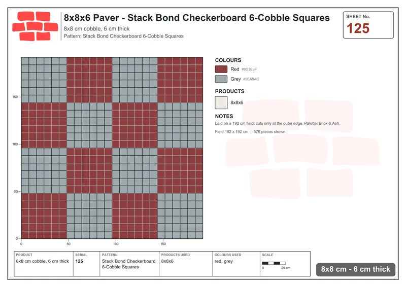 Interlock (Pasco) 8x8 cm · SQ88-125 · Stack Bond Checkerboard 6-Cobble Squares · Laying plan Interlock (Pasco) 8x8 cm · SQ88-125 · Stack Bond Checkerboard 6-Cobble Squares · Laying plan