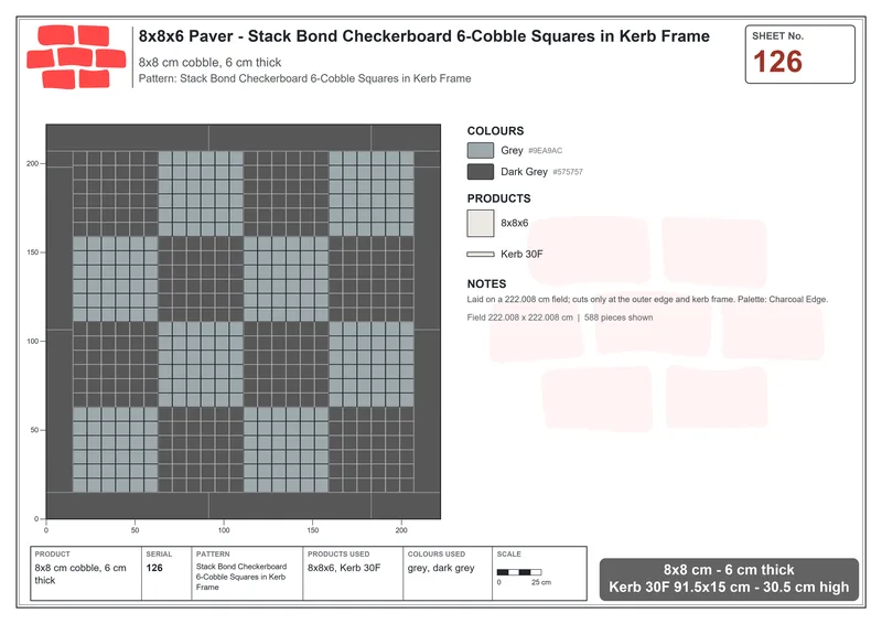Interlock (Pasco) 8x8 cm · SQ88-126 · Stack Bond Checkerboard 6-Cobble Squares in Kerb Frame · Laying plan Interlock (Pasco) 8x8 cm · SQ88-126 · Stack Bond Checkerboard 6-Cobble Squares in Kerb Frame · Laying plan