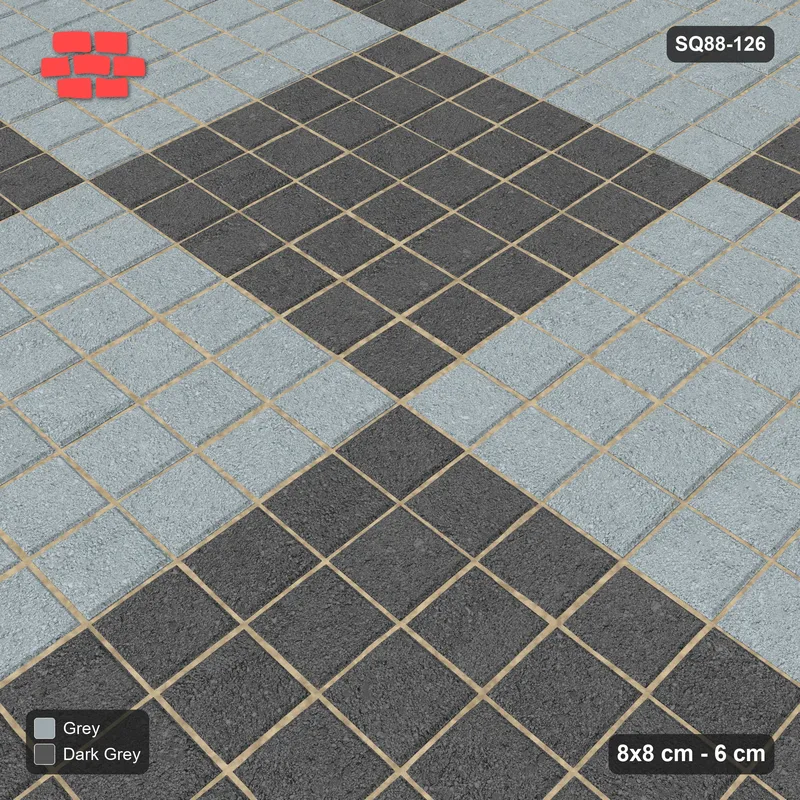 Interlock (Pasco) 8x8 cm · SQ88-126 · Stack Bond Checkerboard 6-Cobble Squares in Kerb Frame · Side view Interlock (Pasco) 8x8 cm · SQ88-126 · Stack Bond Checkerboard 6-Cobble Squares in Kerb Frame · Side view