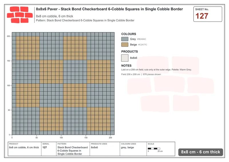 Interlock (Pasco) 8x8 cm · SQ88-127 · Stack Bond Checkerboard 6-Cobble Squares in Single Cobble Border · Laying plan Interlock (Pasco) 8x8 cm · SQ88-127 · Stack Bond Checkerboard 6-Cobble Squares in Single Cobble Border · Laying plan