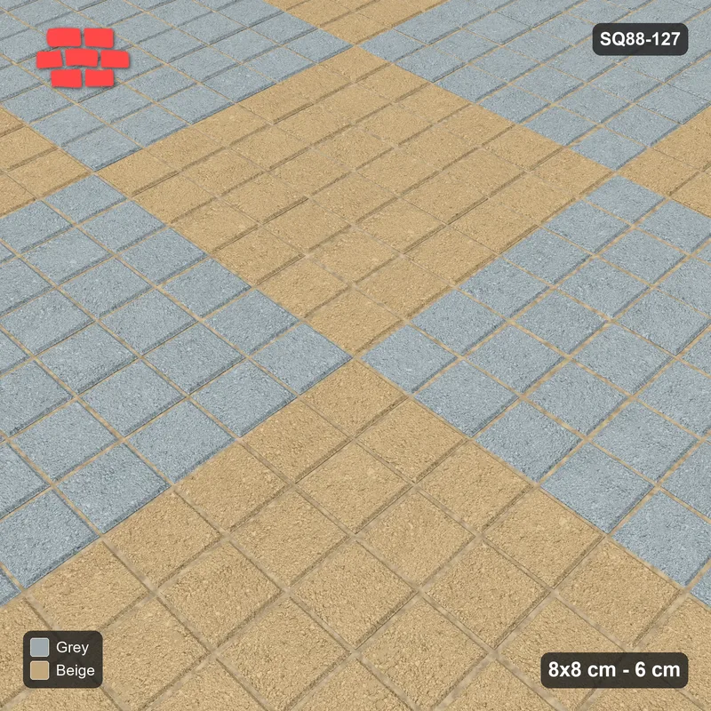 Interlock (Pasco) 8x8 cm · SQ88-127 · Stack Bond Checkerboard 6-Cobble Squares in Single Cobble Border · Side view Interlock (Pasco) 8x8 cm · SQ88-127 · Stack Bond Checkerboard 6-Cobble Squares in Single Cobble Border · Side view