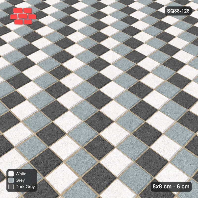 Interlock (Pasco) 8x8 cm · SQ88-128 · Stack Bond Three-Tone Diagonal Steps 1-Cobble · Side view Interlock (Pasco) 8x8 cm · SQ88-128 · Stack Bond Three-Tone Diagonal Steps 1-Cobble · Side view