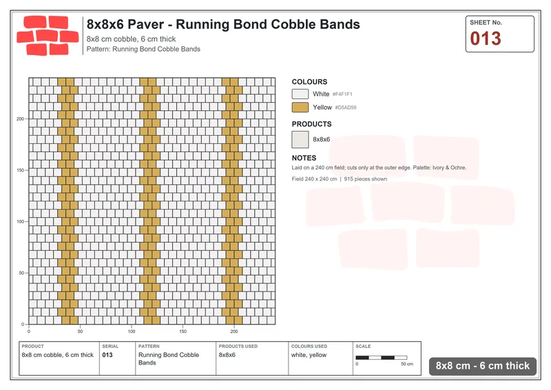 Interlock (Pasco) 8x8 cm · SQ88-13 · Running Bond Cobble Bands · Laying plan Interlock (Pasco) 8x8 cm · SQ88-13 · Running Bond Cobble Bands · Laying plan