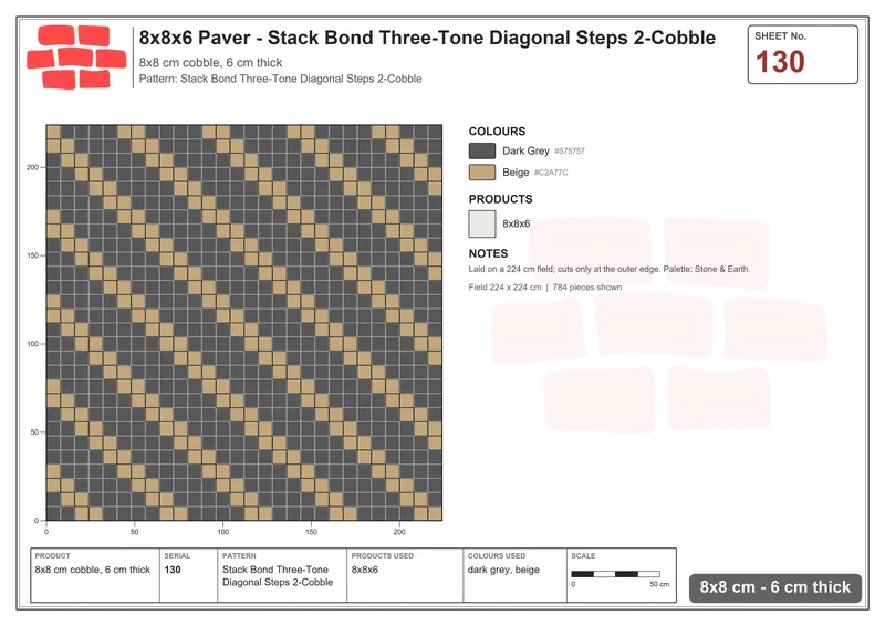Interlock (Pasco) 8x8 cm · SQ88-130 · Stack Bond Three-Tone Diagonal Steps 2-Cobble · Laying plan Interlock (Pasco) 8x8 cm · SQ88-130 · Stack Bond Three-Tone Diagonal Steps 2-Cobble · Laying plan