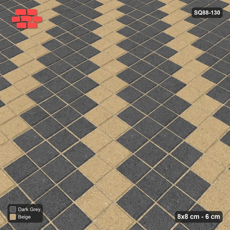 Interlock (Pasco) 8x8 cm · SQ88-130 · Stack Bond Three-Tone Diagonal Steps 2-Cobble · Side view Interlock (Pasco) 8x8 cm · SQ88-130 · Stack Bond Three-Tone Diagonal Steps 2-Cobble · Side view