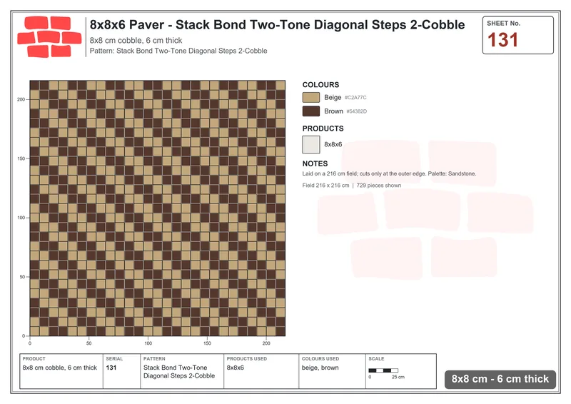 Interlock (Pasco) 8x8 cm · SQ88-131 · Stack Bond Two-Tone Diagonal Steps 2-Cobble · Laying plan Interlock (Pasco) 8x8 cm · SQ88-131 · Stack Bond Two-Tone Diagonal Steps 2-Cobble · Laying plan