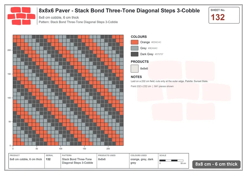 Interlock (Pasco) 8x8 cm · SQ88-132 · Stack Bond Three-Tone Diagonal Steps 3-Cobble · Laying plan Interlock (Pasco) 8x8 cm · SQ88-132 · Stack Bond Three-Tone Diagonal Steps 3-Cobble · Laying plan