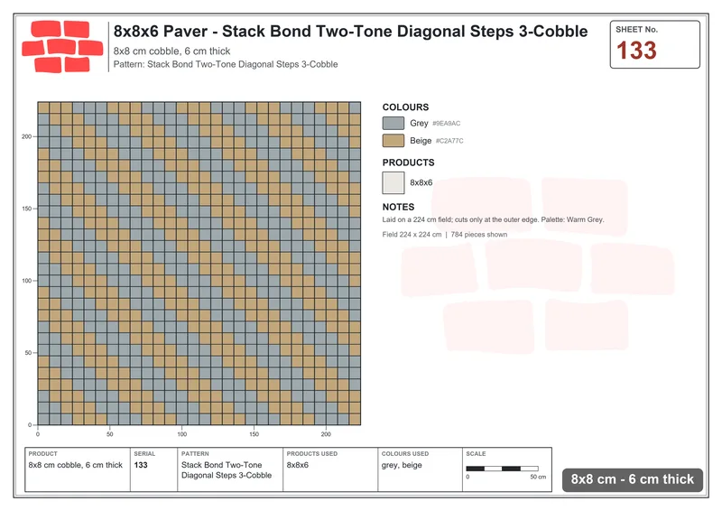 Interlock (Pasco) 8x8 cm · SQ88-133 · Stack Bond Two-Tone Diagonal Steps 3-Cobble · Laying plan Interlock (Pasco) 8x8 cm · SQ88-133 · Stack Bond Two-Tone Diagonal Steps 3-Cobble · Laying plan