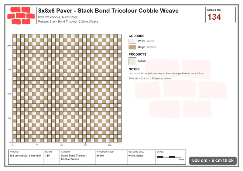 Interlock (Pasco) 8x8 cm · SQ88-134 · Stack Bond Tricolour Cobble Weave · Laying plan Interlock (Pasco) 8x8 cm · SQ88-134 · Stack Bond Tricolour Cobble Weave · Laying plan