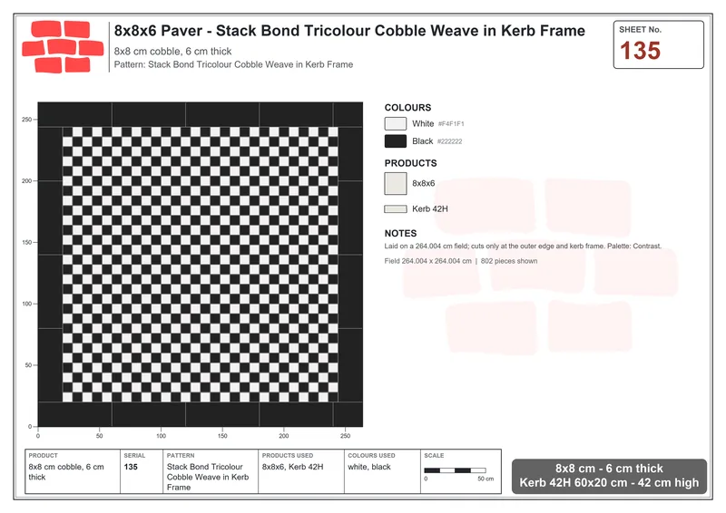 Interlock (Pasco) 8x8 cm · SQ88-135 · Stack Bond Tricolour Cobble Weave in Kerb Frame · Laying plan Interlock (Pasco) 8x8 cm · SQ88-135 · Stack Bond Tricolour Cobble Weave in Kerb Frame · Laying plan