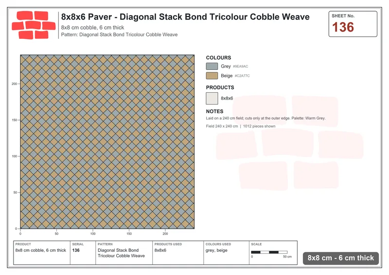 Interlock (Pasco) 8x8 cm · SQ88-136 · Diagonal Stack Bond Tricolour Cobble Weave · Laying plan Interlock (Pasco) 8x8 cm · SQ88-136 · Diagonal Stack Bond Tricolour Cobble Weave · Laying plan
