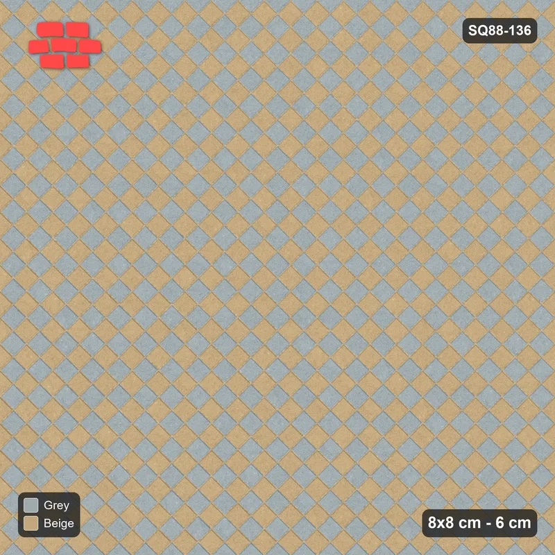 Interlock (Pasco) 8x8 cm · SQ88-136 · Diagonal Stack Bond Tricolour Cobble Weave · Top view Interlock (Pasco) 8x8 cm · SQ88-136 · Diagonal Stack Bond Tricolour Cobble Weave · Top view
