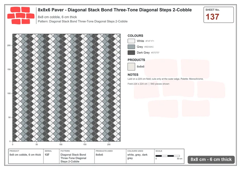 Interlock (Pasco) 8x8 cm · SQ88-137 · Diagonal Stack Bond Three-Tone Diagonal Steps 2-Cobble · Laying plan Interlock (Pasco) 8x8 cm · SQ88-137 · Diagonal Stack Bond Three-Tone Diagonal Steps 2-Cobble · Laying plan