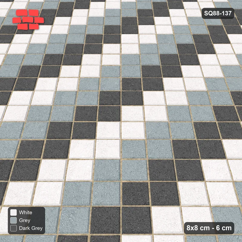 Interlock (Pasco) 8x8 cm · SQ88-137 · Diagonal Stack Bond Three-Tone Diagonal Steps 2-Cobble · Side view Interlock (Pasco) 8x8 cm · SQ88-137 · Diagonal Stack Bond Three-Tone Diagonal Steps 2-Cobble · Side view