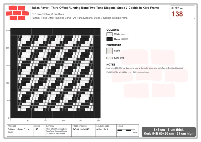 Interlock (Pasco) 8x8 cm · SQ88-138 · Third-Offset Running Bond Two-Tone Diagonal Steps 3-Cobble in Kerb Frame · Laying plan Interlock (Pasco) 8x8 cm · SQ88-138 · Third-Offset Running Bond Two-Tone Diagonal Steps 3-Cobble in Kerb Frame · Laying plan